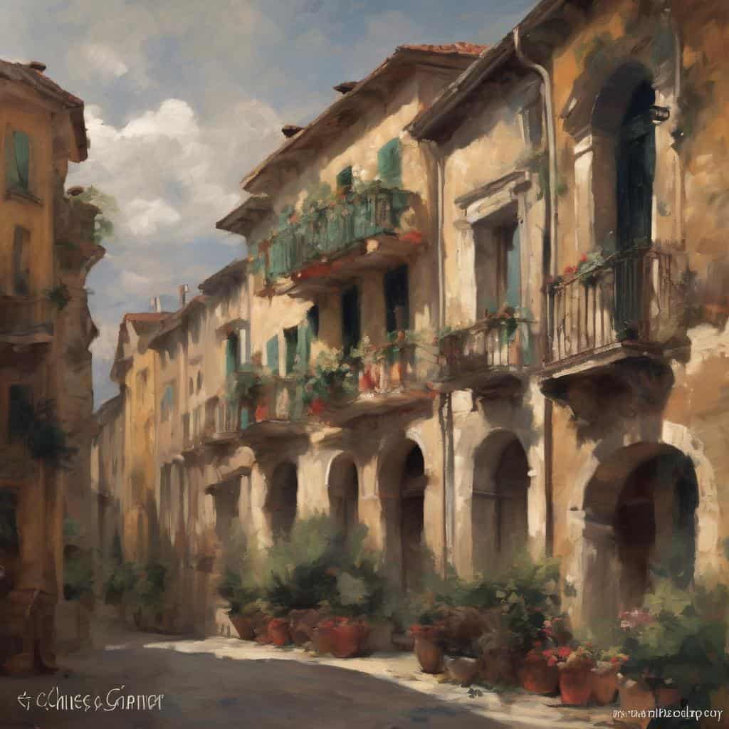 Ρόλος των εμπειριών στη δημιουργία, καλλιτεχνικό έργο, εικόνα ιστορικής πόλης με παραδοσιακή αρχιτεκτονική.